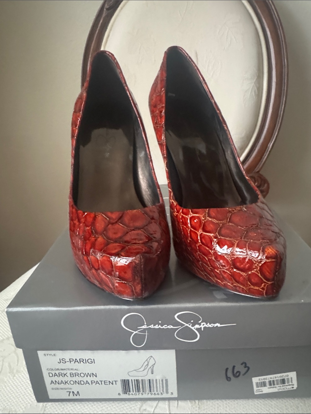 Jessica Simpson Red-Brown Anaconda Patent Platform Pumps